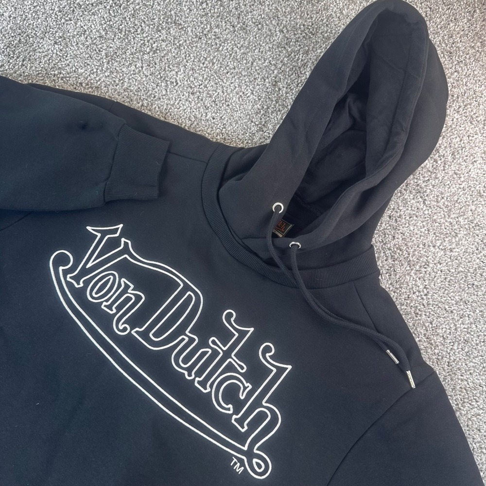 Von Dutch Hoodie Mens Medium Black White Logo Double Layer Sleeve Pullover NEW